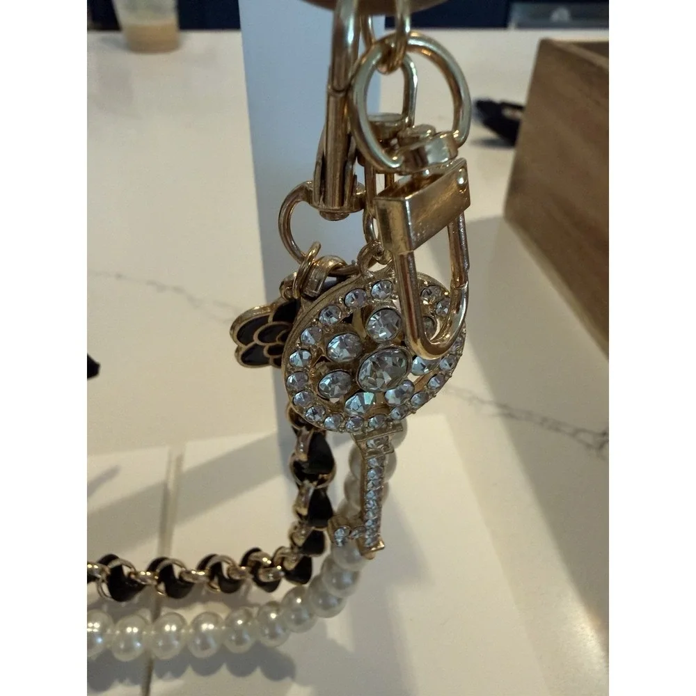 Fashion Bag Charm - White Monogram, Gold Tone Chain, Key, Rhinestone, Detachable